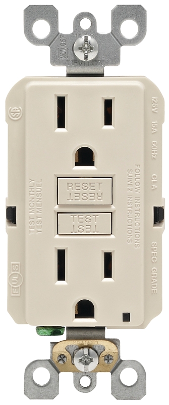 Leviton R06-GFNT1-0KT GFCI Duplex Receptacle, Polycarbonate, Light Almond, 2-Pole, 15 A, 125 V, 60 Hz