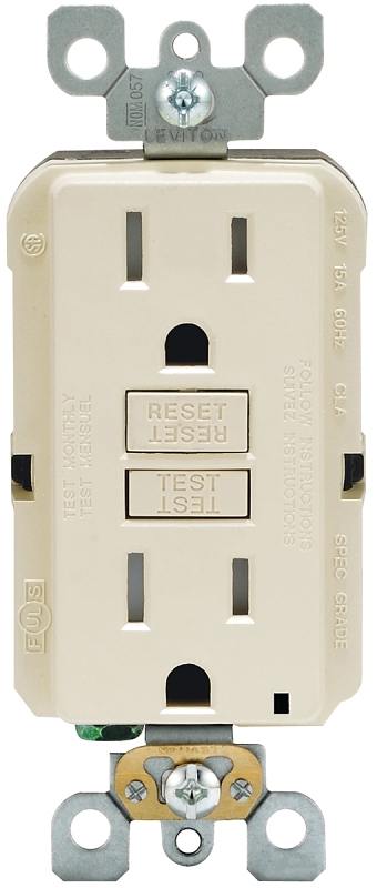 Leviton R96-GFTR1-0KT GFCI Duplex Receptacle, Polycarbonate, Light Almond, 2-Pole, 15 A, 125 V, Back, Side Wiring