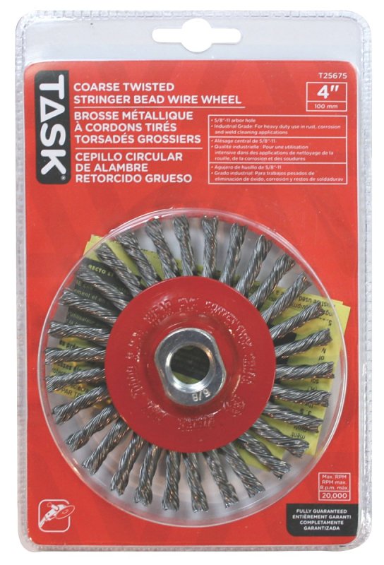 Task T25675 Wire Wheel Brush, 4 in Dia, 5/8-11 in Arbor/Shank, Stringer Bead Twist Bristle, Steel Bristle