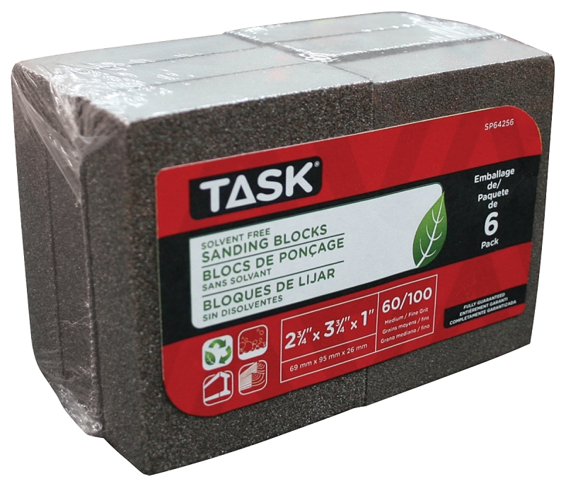 TASK Eco SP64256 Sanding Block, 3-3/4 in L, 2-3/4 in W, 60, 100 Grit, Fine, Medium