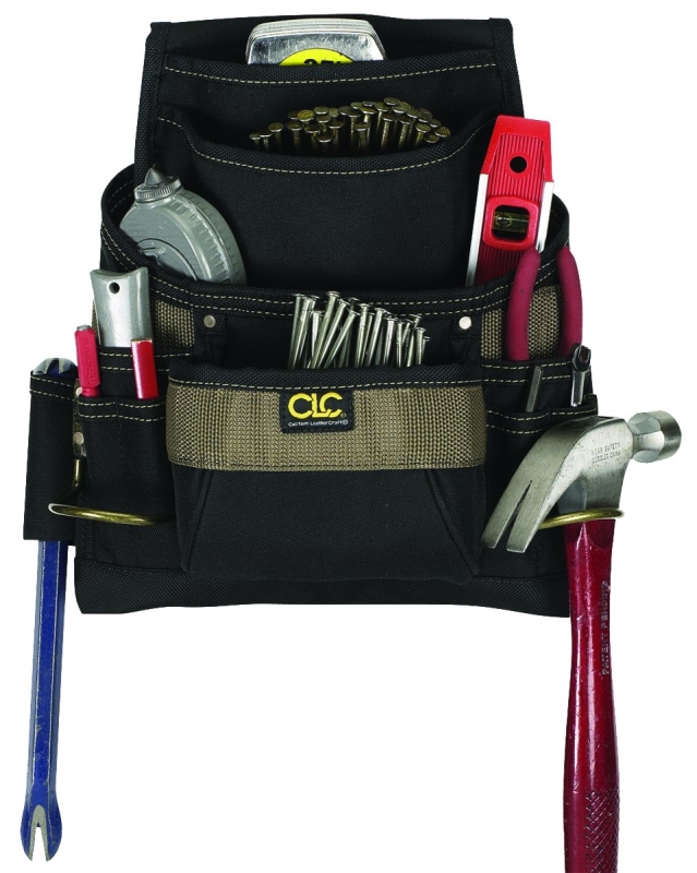 CLC Tool Works Series 1620 Nail/Tool Bag, 12-3/4 in W, 3-1/4 in D, 13-3/4 in H, 11-Pocket, Polyester, Black/Brown
