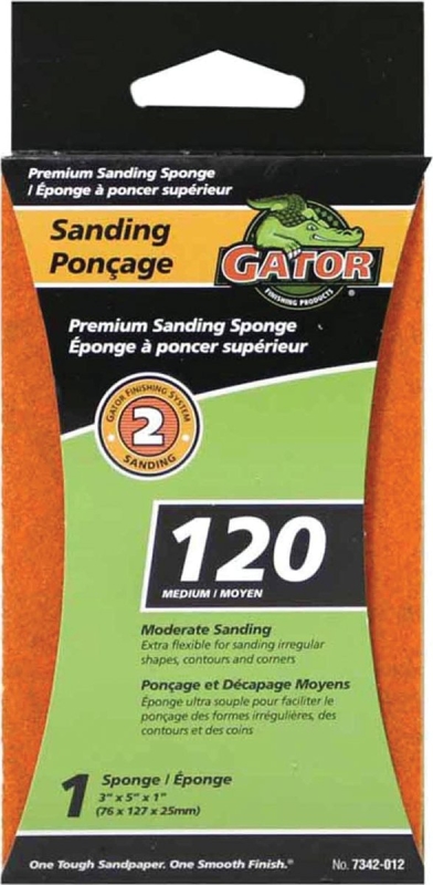 Gator 7342-012 Sanding Sponge, 5 in L, 3 in W, 120 Grit, Aluminum Oxide Abrasive, Jumbo Size