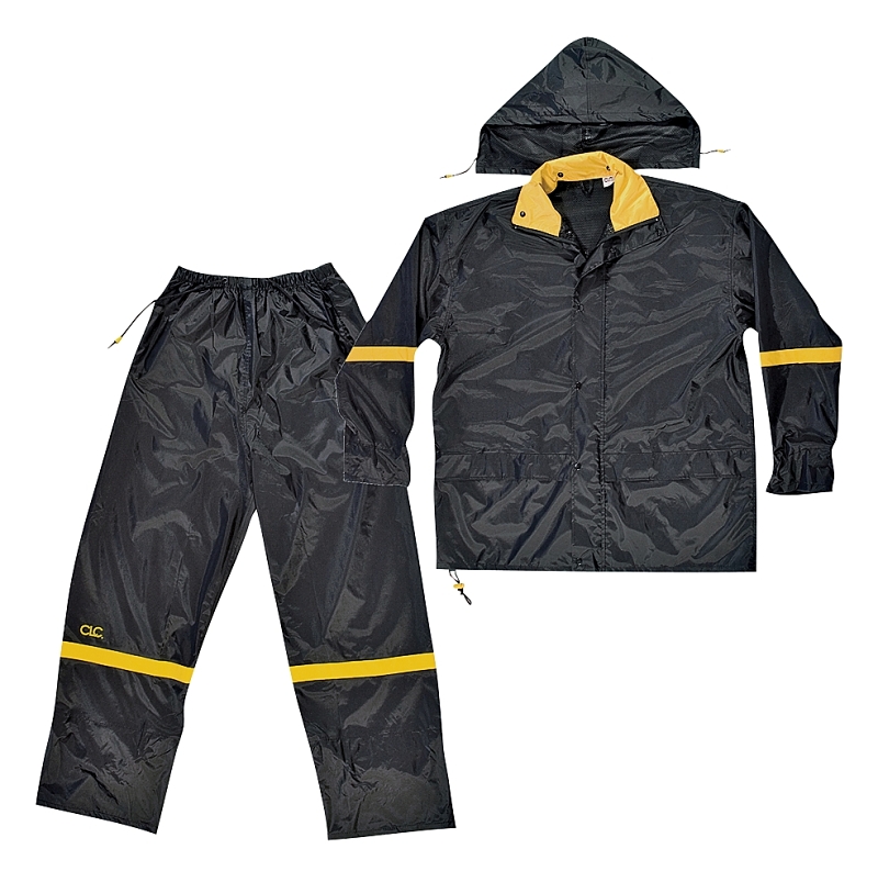 CLC R103L Rain Suit, L, 190T Nylon, Black/Yellow, Detachable Collar, Zipper Closure