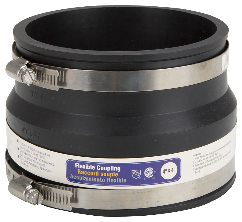ProSource KJ-017 Coupling, 4 x 4 in, Clay to Asbestos Cement Fiber or Ductile Iron Pipes, PVC, Black
