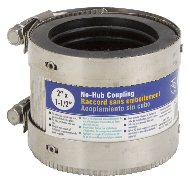 ProSource KJ-020 Coupling, 2 x 1-1/2 in, Cast Iron, Plastic and Steel Drain Pipes, Rubber/Stainless Steel