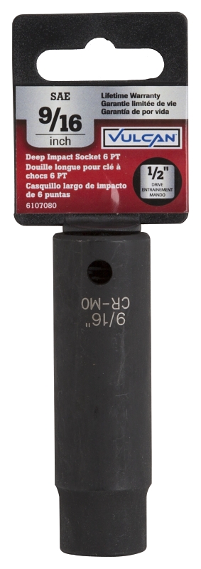 Vulcan MT6580173 Deep Impact Socket, 9/16 in Socket, 1/2 in Drive, Deep Drive, 6-Point, Chrome Molybdenum Steel