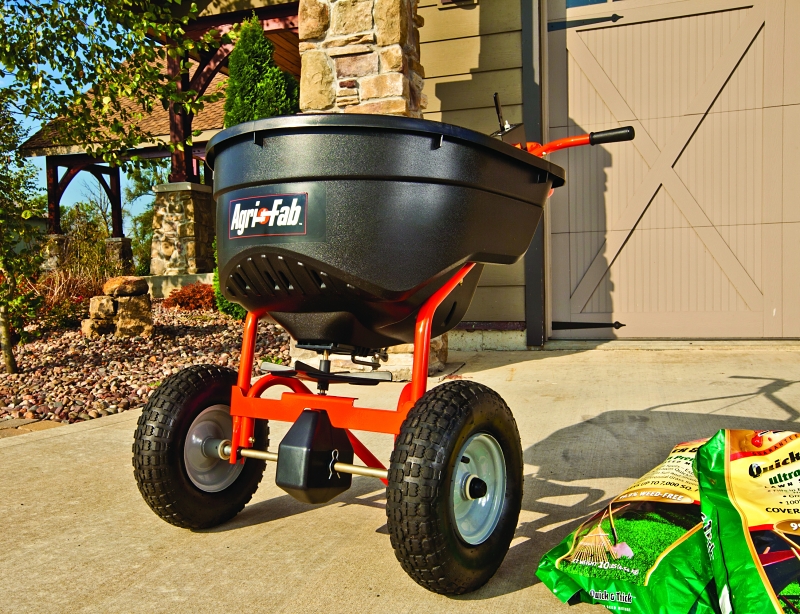 Agri-Fab 45-0462 Broadcast Spreader, 25,000 sq-ft Coverage Area, 12 ft W Spread, 130 lb, Poly Hopper, Pneumatic Wheel