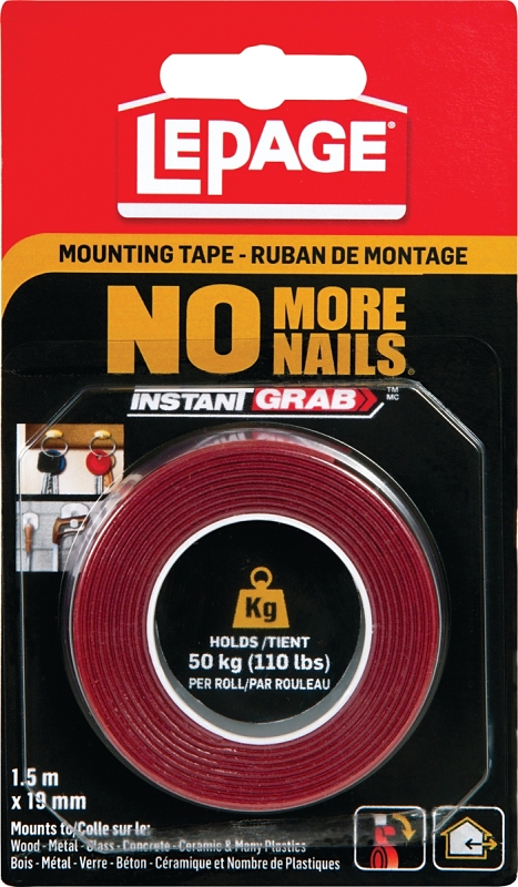 LePage 2125574 Mounting Tape, Double Sided Adhesive, 1.5 m L, 19 mm W, Translucent