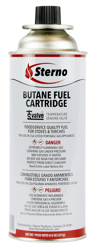 Sterno 50190 Butane Fuel Cartridge with TSV, 8 oz Can, 4 hr Burn Time