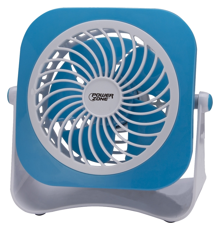 PowerZone QT-U403B Tabletop Fan, 5 VDC, 4 in Dia Blade, 5-Blade, 2-Speed, 48 in L Cord, White/Blue OR White/Red