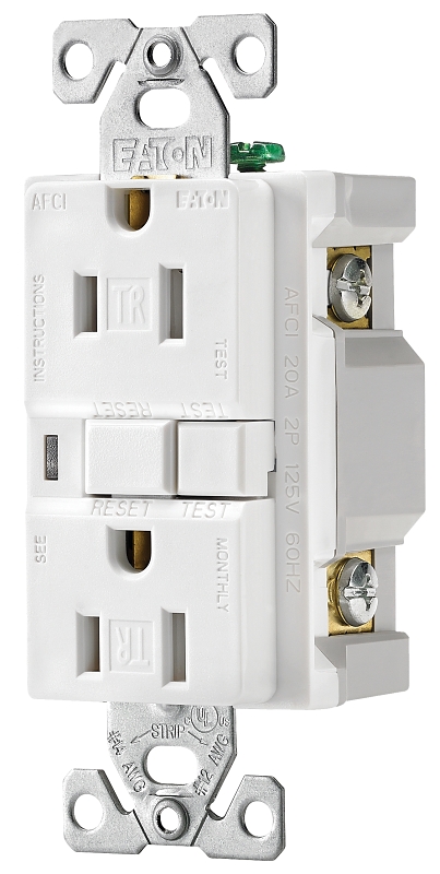 Eaton Wiring Devices TRAFCI15W-K AFCI Receptacle, 2 -Pole, 15 A, 125 V, Back, Side Wiring, NEMA: 5-15R, White