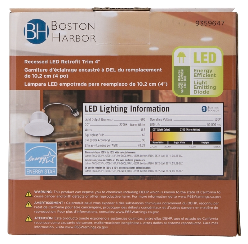 Boston Harbor DL4-095-3K Retrofit Trim, Recessed Lighting Kits, Plastic, Warm White, White, 1-Piece