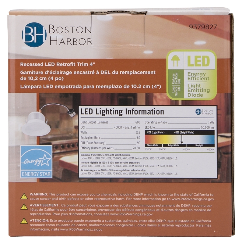 Boston Harbor DL4-095-5K Retrofit Trim, Recessed Lighting Kits, Plastic, Bright White, White, 1-Piece