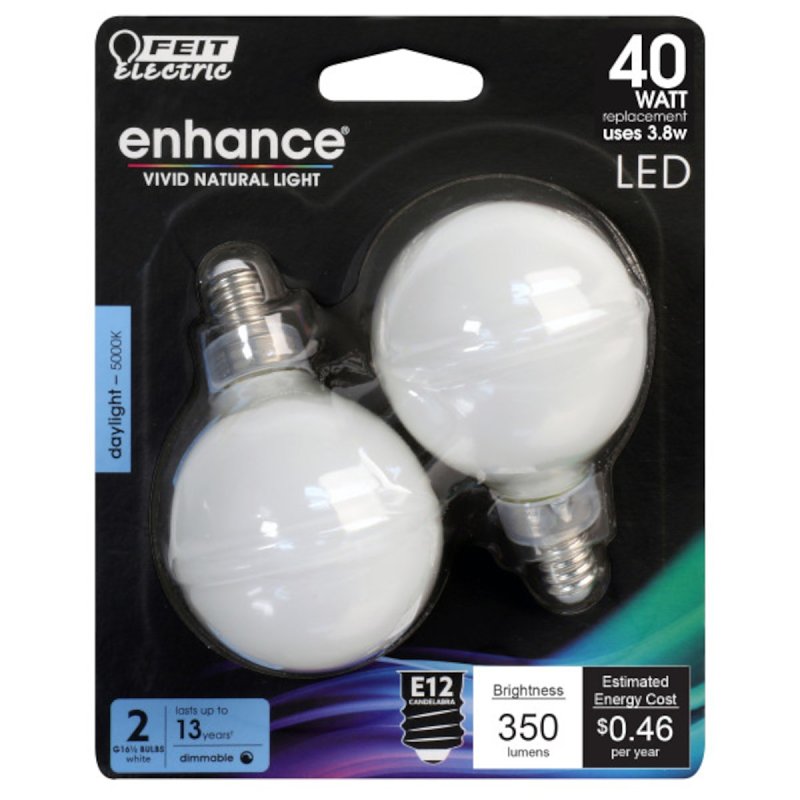 Feit Electric BPG1640W950CAFIL2 LED Bulb, G16 1/2 Lamp, 40 W Equivalent, E12 Lamp Base, Dimmable, Frost