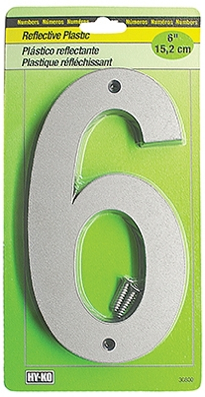 Hy-Ko 30800 Series 30806 Reflective Sign, Character: 6, 6 in H Character, Black/Silver Character, Plastic
