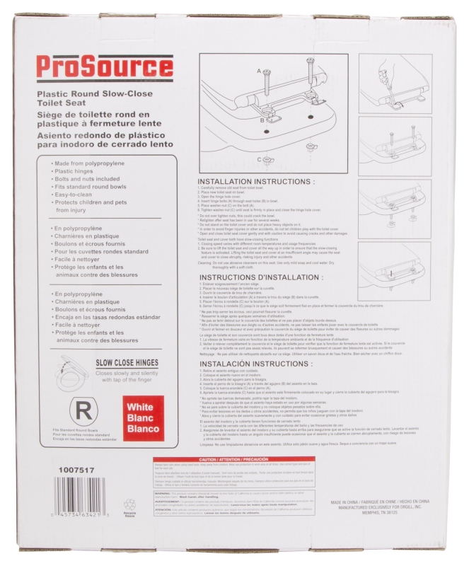 ProSource Q-328-WH Toilet Seat, Round, Polypropylene, White, Plastic Hinge