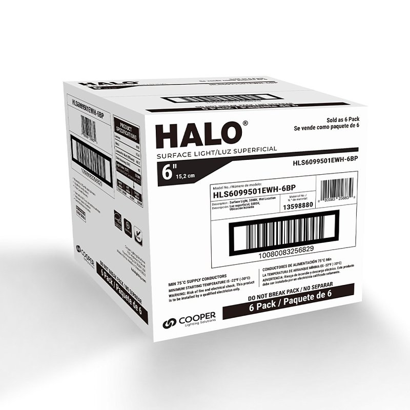 Halo HLS HLS6099501EWH-6BP Surface Light, 132 mA, 120 V, 16 W, LED Lamp, 900 Lumens, 5000 K Color Temp