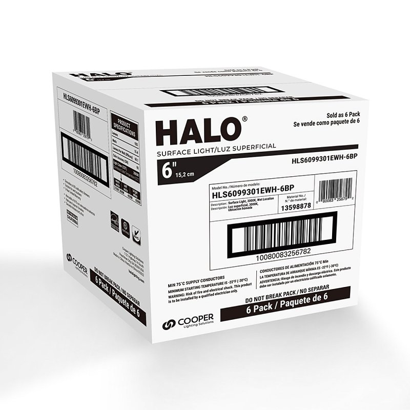 Halo HLS HLS6099301EWH-6BP Surface Light, 132 mA, 120 V, 16 W, LED Lamp, 900 Lumens, 3000 K Color Temp