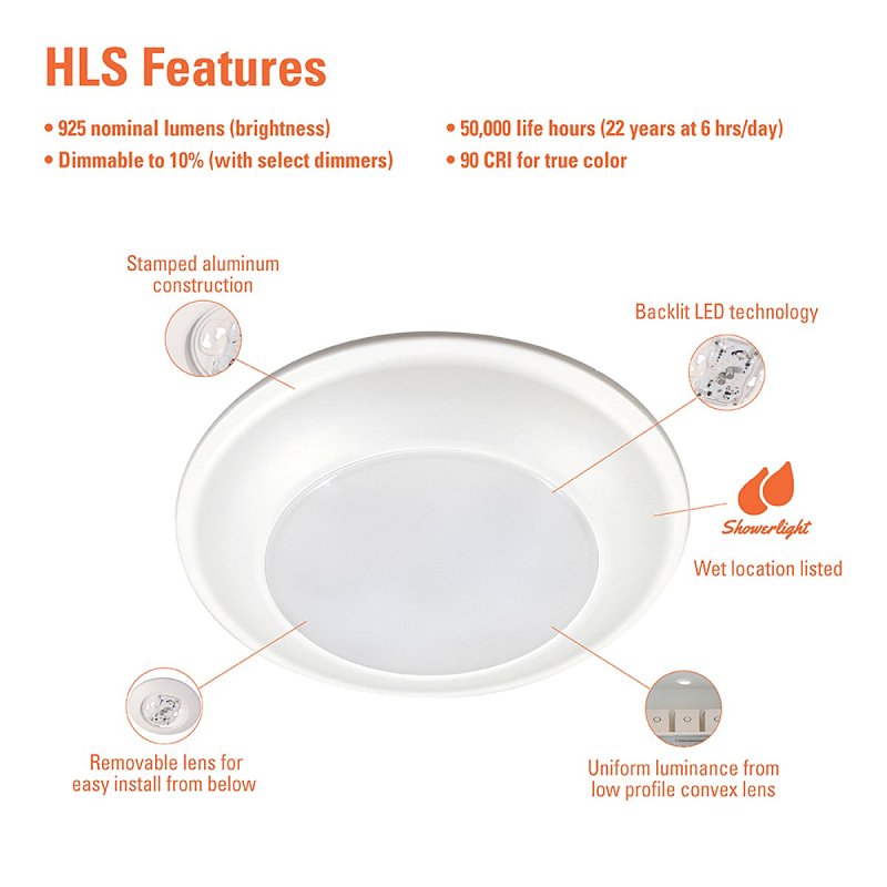 Halo HLS HLS6099301EWH-6BP Surface Light, 132 mA, 120 V, 16 W, LED Lamp, 900 Lumens, 3000 K Color Temp