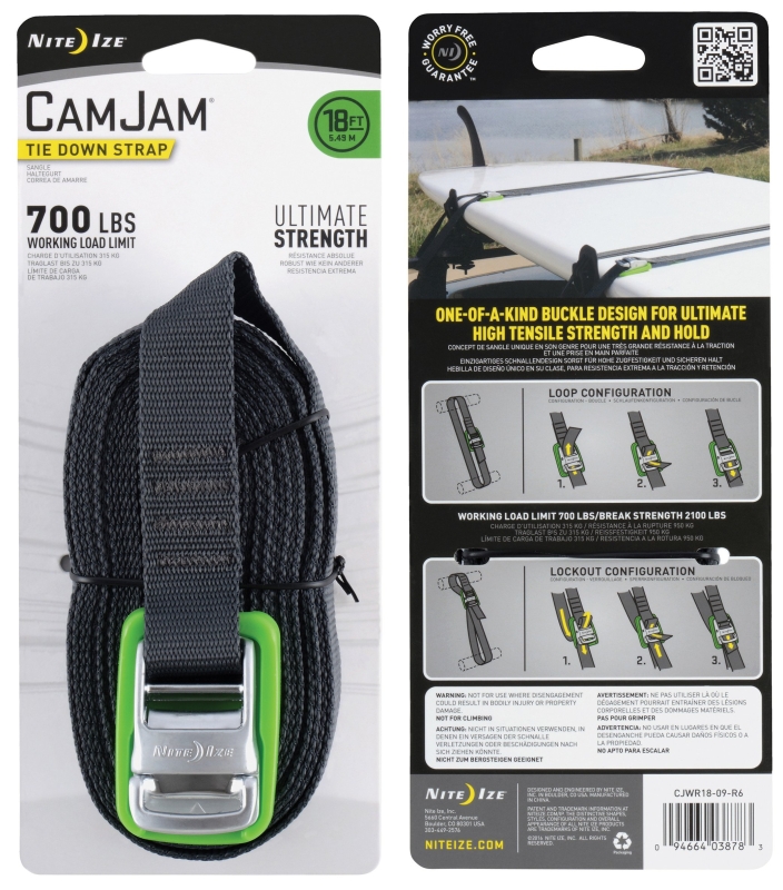 Nite Ize CJWR18-09-R6 Tie-Down Strap, 1 in W, 18 ft L, Polypropylene, Black/Lime, 700 lb