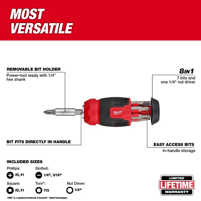 Milwaukee 48-22-2910 8-In-1 Compact Multi-Bit Screwdriver, 1/4 in Drive, Hex Drive, 4.69 in OAL, Plastic Handle
