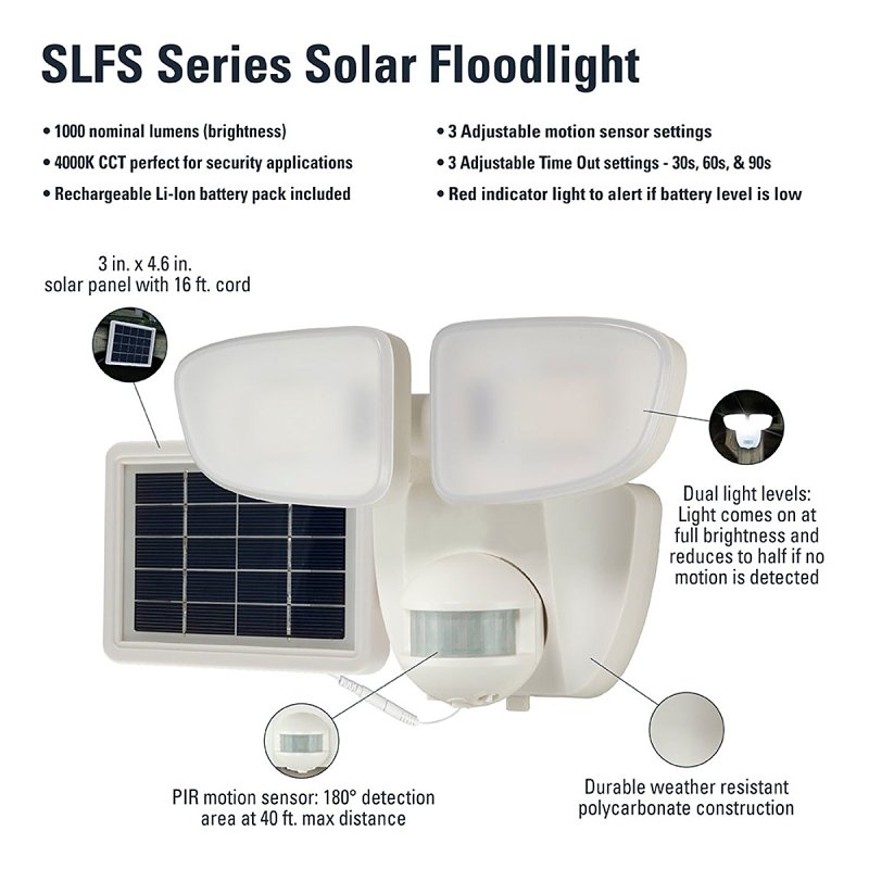 Halo SLFS Series SLFS1AM2W Solar Security Light, 70 W, 2-Lamp, LED Lamp, Bright White, 1000 Lumens, 4000 K Color Temp