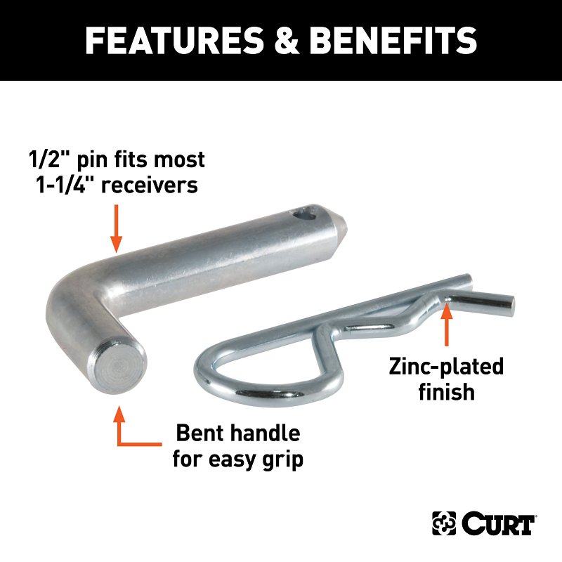 Curt 21401 Hitch Pin, 1/2 in Dia Pin, 4-1/2 in L, Zinc