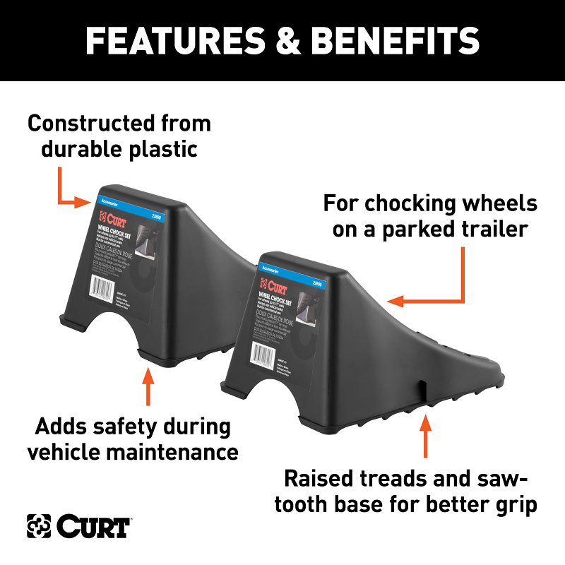 Curt 22800 Wheel Chock Set, 8-1/4 in L, 6.12 in W, 4-3/4 in H, Plastic, Black