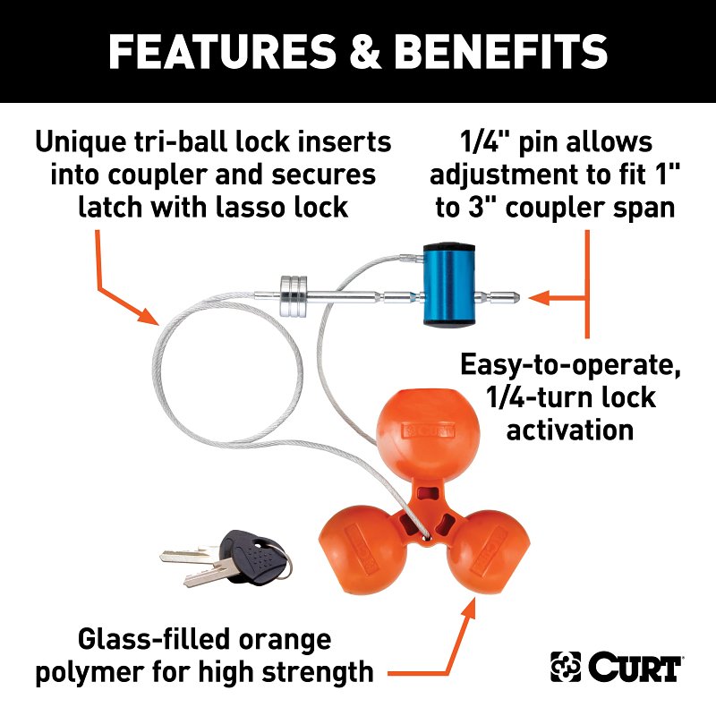 Curt 23083 Hitch and Tri-Ball Coupler Lock Set, 5/8 in Dia Pin, Carbon Steel, Chrome