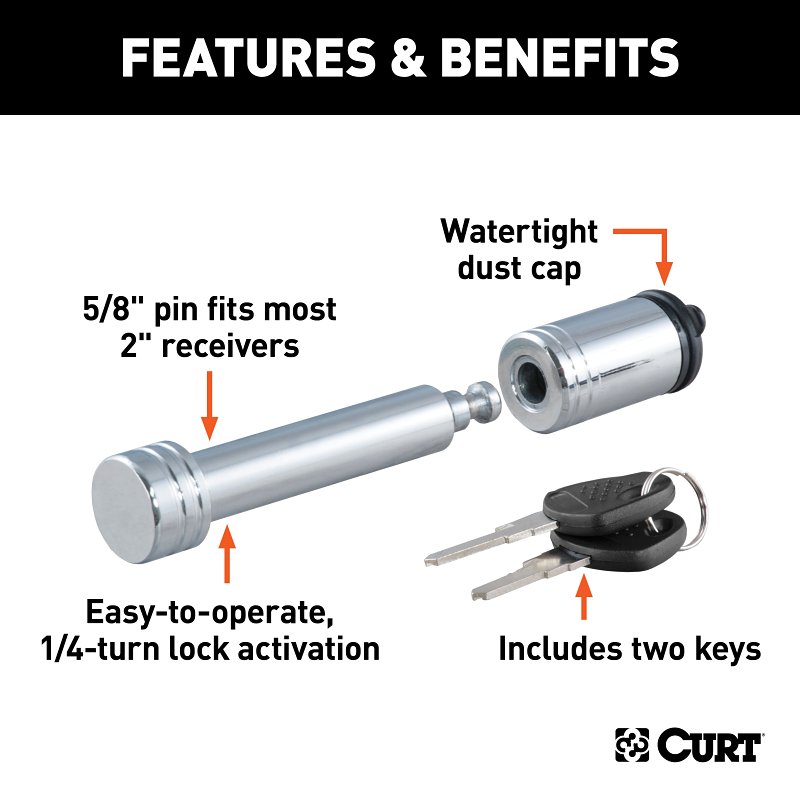 Curt 23515 Receiver Lock, 5/8 in Dia Shackle, For: 2 in Receiver Tube, Hitch Lock, Carbon Steel, Chrome