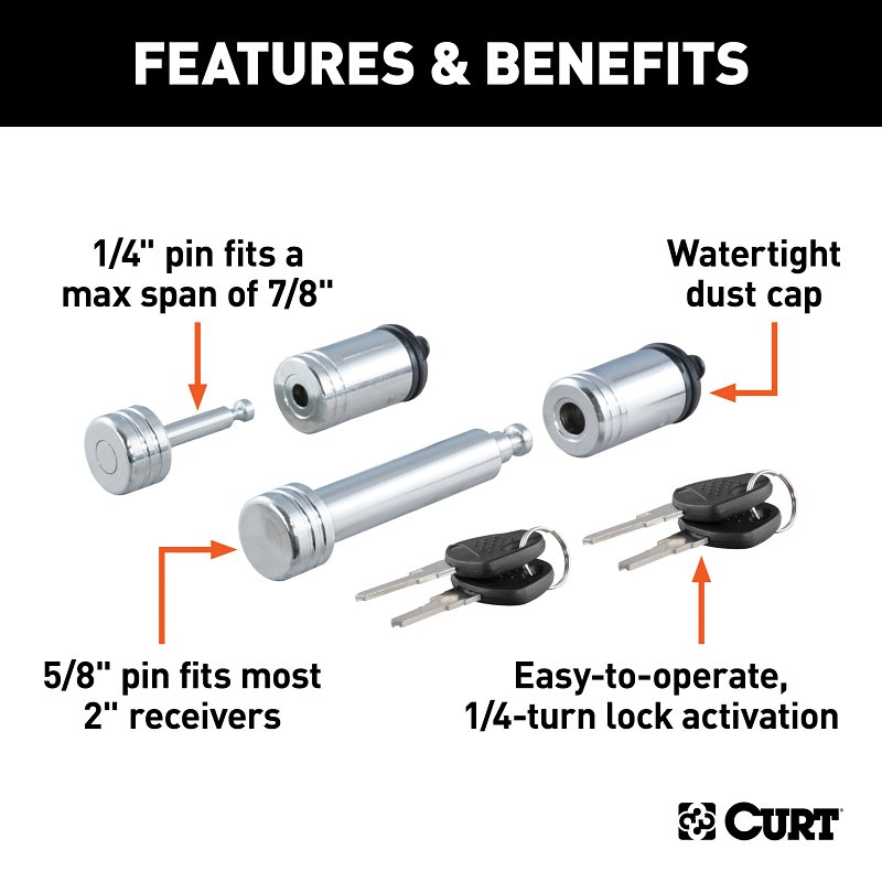 Curt 23526 Hitch and Coupler Lock Set, 5/8 in Dia Pin, Carbon Steel, Chrome