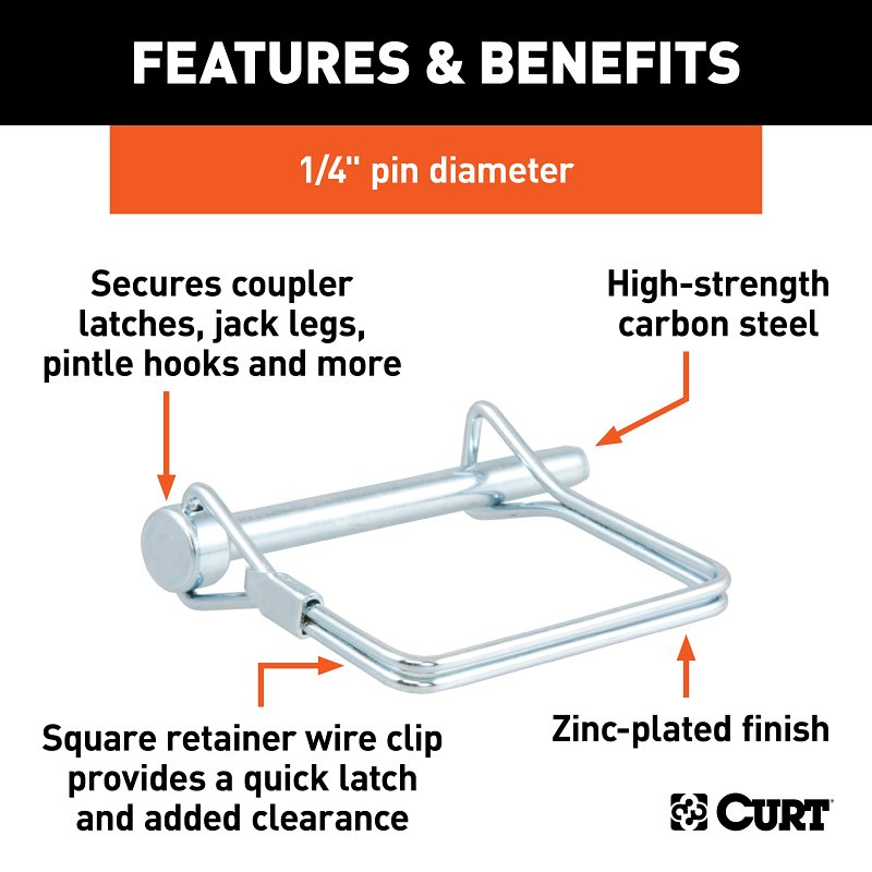 Curt 25081 Safety Pin, 1/4 in Dia Pin, 2-3/4 in OAL, Carbon Steel, Zinc