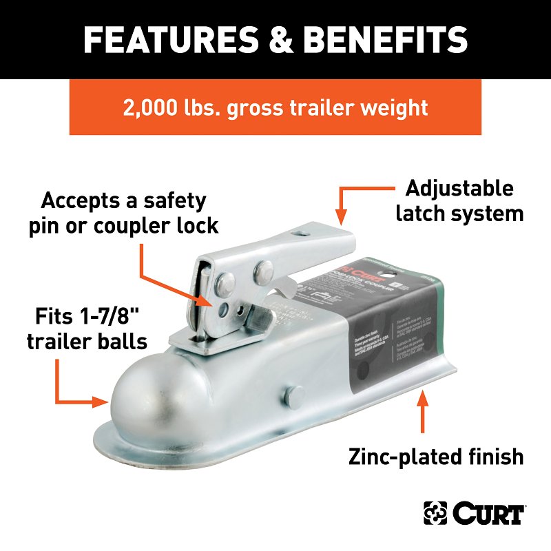 Curt 25128 Trailer Coupler, 2000 lb, 1-7/8 in Ball, Zinc