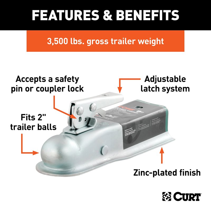 Curt 25135 Trailer Coupler, 3500 lb, 2 in Ball, Zinc