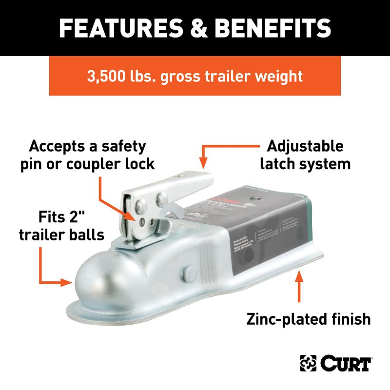 Curt 25138 Trailer Coupler, 3500 lb, 2 in Ball, Zinc, Clear