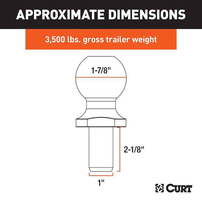 Curt 40062 Trailer Ball, 1-7/8 in Dia Ball, 1 in Dia Shank, 3500 lb Gross Towing, 250 ft-lb Tongue Load, Steel
