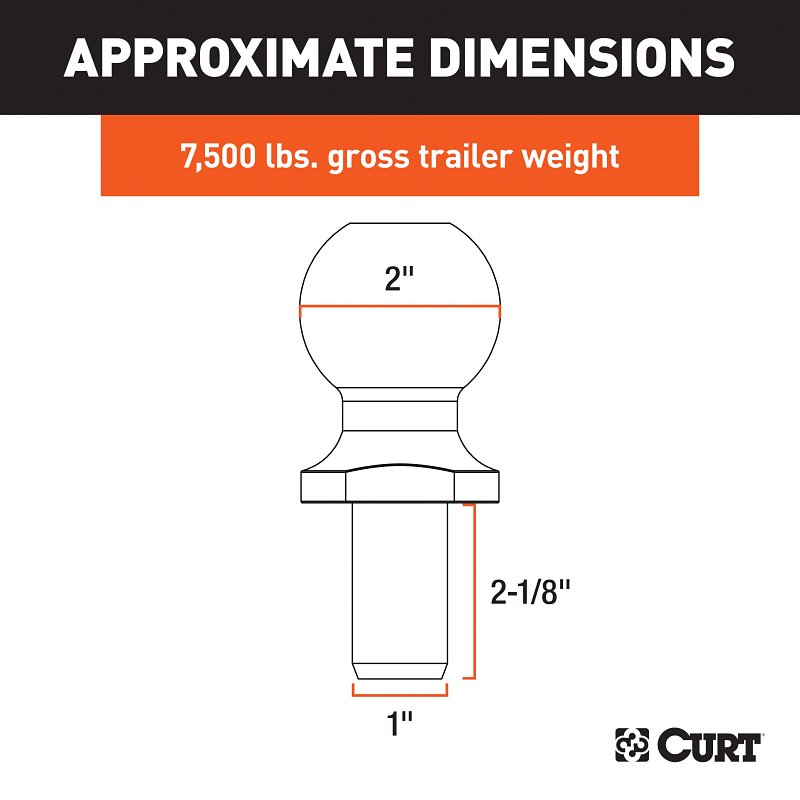 Curt 40070 Trailer Ball, 2 in Dia Ball, 1 in Dia Shank, 7500 lb Gross Towing, Steel