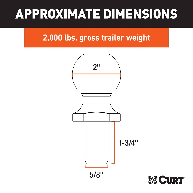 Curt 40098 Hitch Ball, 2 in Dia Ball, 5/8 in Dia Shank, 2000 lb Gross Towing, Carbon Steel