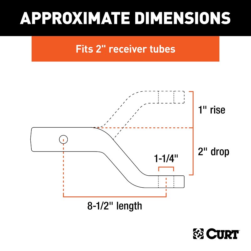 Curt 45340 Ball Mount, 8-1/2 in L, 2 in Drop, 1 in Rise, Class 5 Hitch, Steel, Carbide