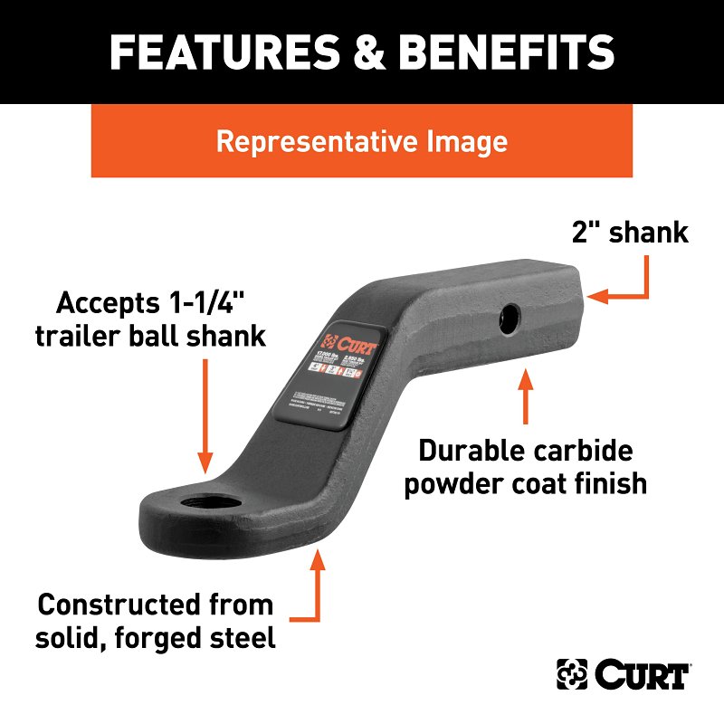 Curt 45340 Ball Mount, 8-1/2 in L, 2 in Drop, 1 in Rise, Class 5 Hitch, Steel, Carbide