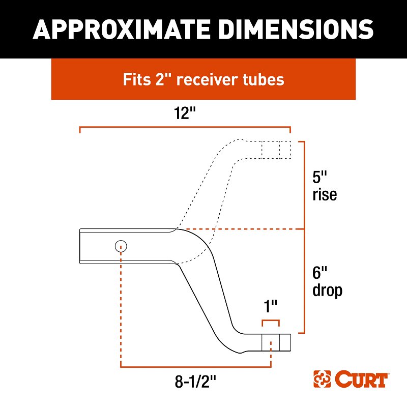 Curt 45362 Ball Mount, 8-1/2 in L, 6 in Drop, 5 in Rise, Class 3 Hitch, 1 in Dia Hitch Ball, Aluminum