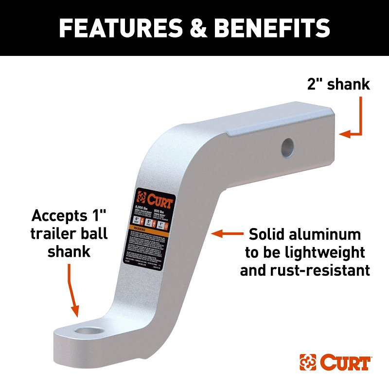 Curt 45362 Ball Mount, 8-1/2 in L, 6 in Drop, 5 in Rise, Class 3 Hitch, 1 in Dia Hitch Ball, Aluminum