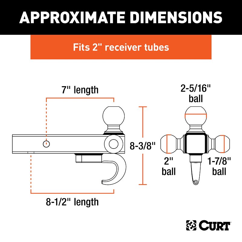 Curt 45675 Ball Mount, 1-7/8, 2, 2-5/16 in Dia Hitch Ball, Steel, Carbide