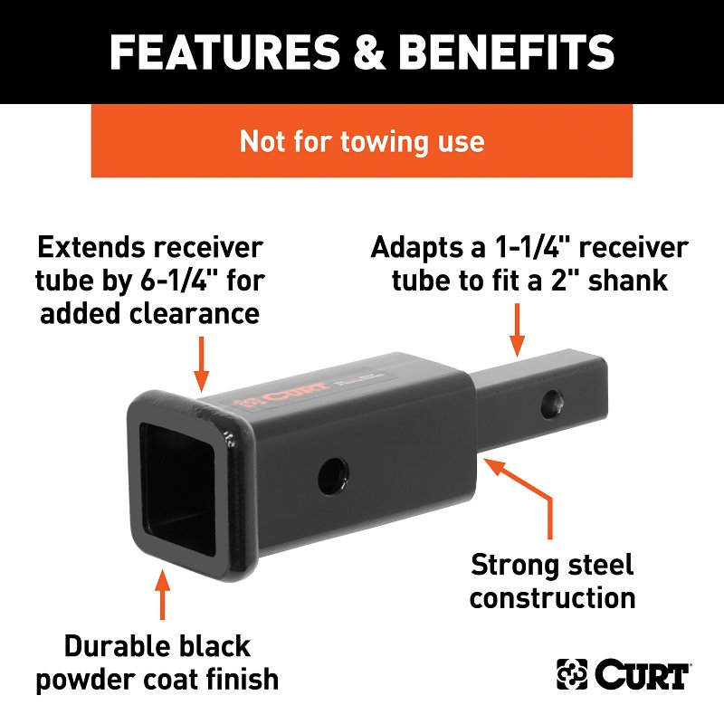 Curt 45785 Receiver Tube Adapter, 350 lb, Carbon Steel, Gloss/Powder-Coated, For: 1-1/4 to 2 in Shanks