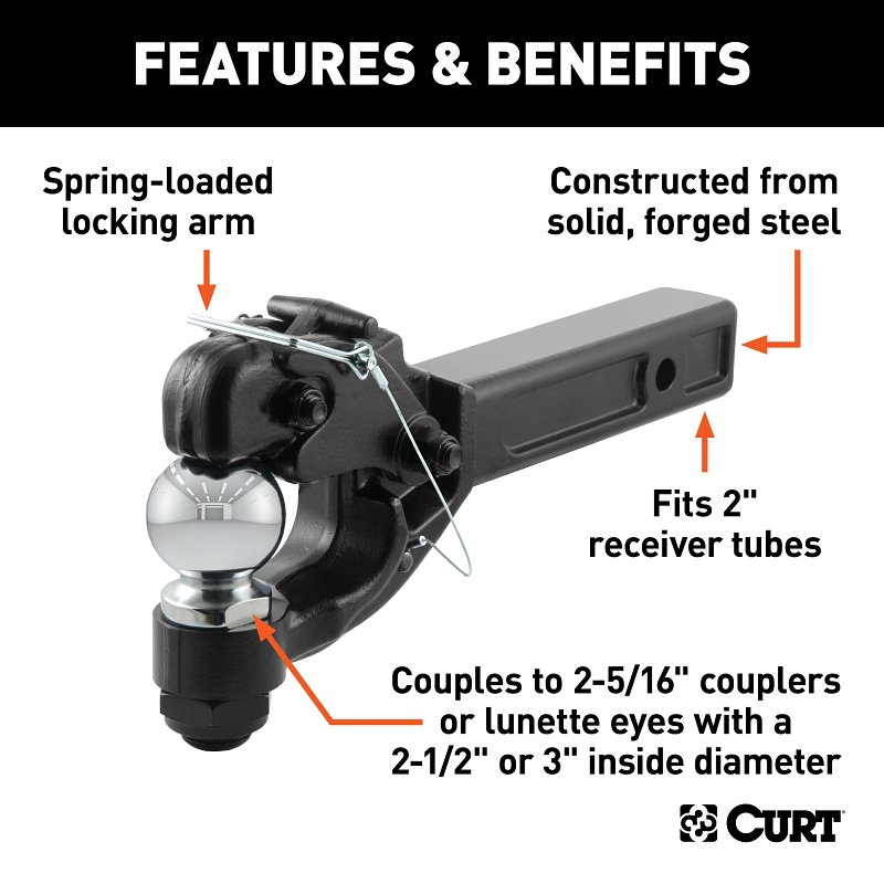 Curt 48006 Receiver-Mount Ball and Pintle Hitch, Steel, Black, Carbide Powder-Coated