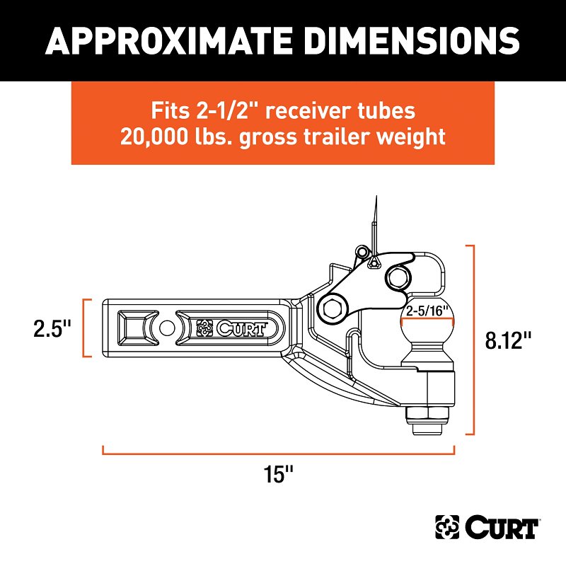 Curt 48012 Receiver-Mount Ball and Pintle Hitch, Class 5 Hitch, 3 in Dia Hitch Ball, Steel, Powder-Coated