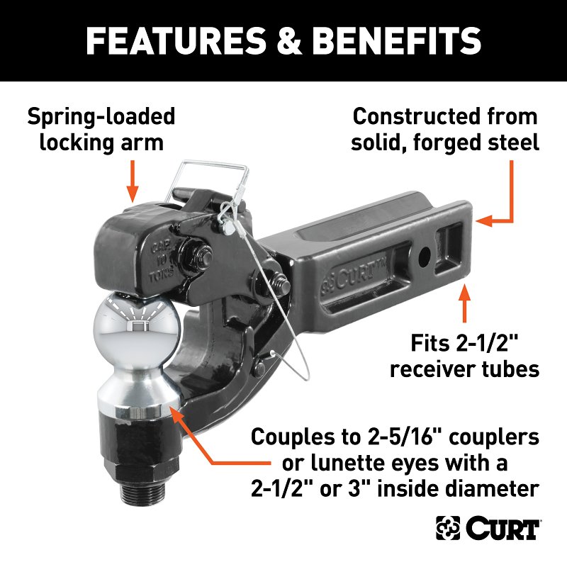 Curt 48012 Receiver-Mount Ball and Pintle Hitch, Class 5 Hitch, 3 in Dia Hitch Ball, Steel, Powder-Coated