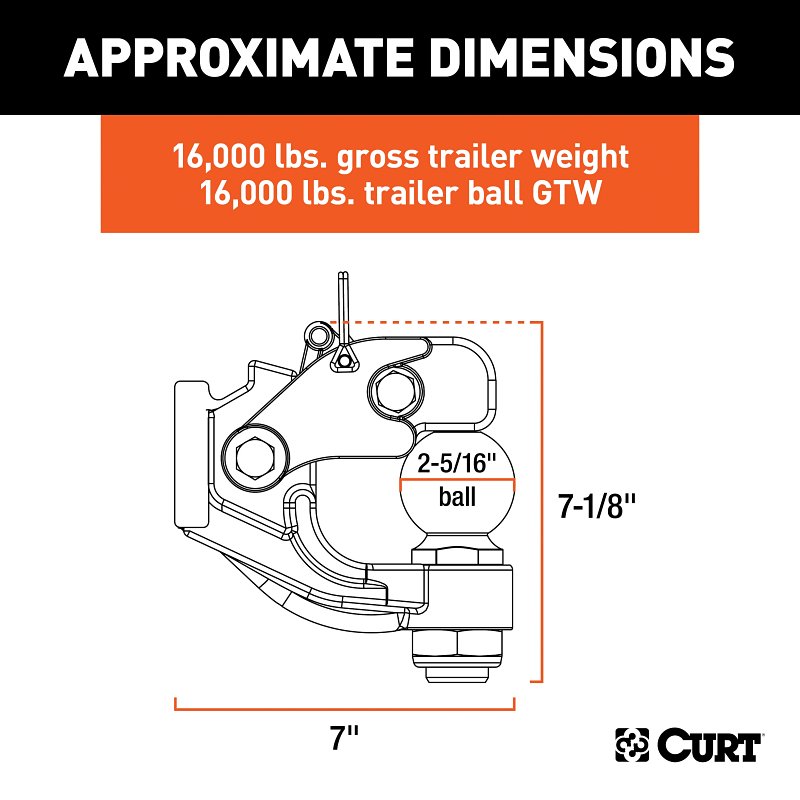 Curt 48200 Ball and Pintle Combination, 2-5/16 in Dia Eye, 16,000 lb Working Load, Steel, Powder-Coated