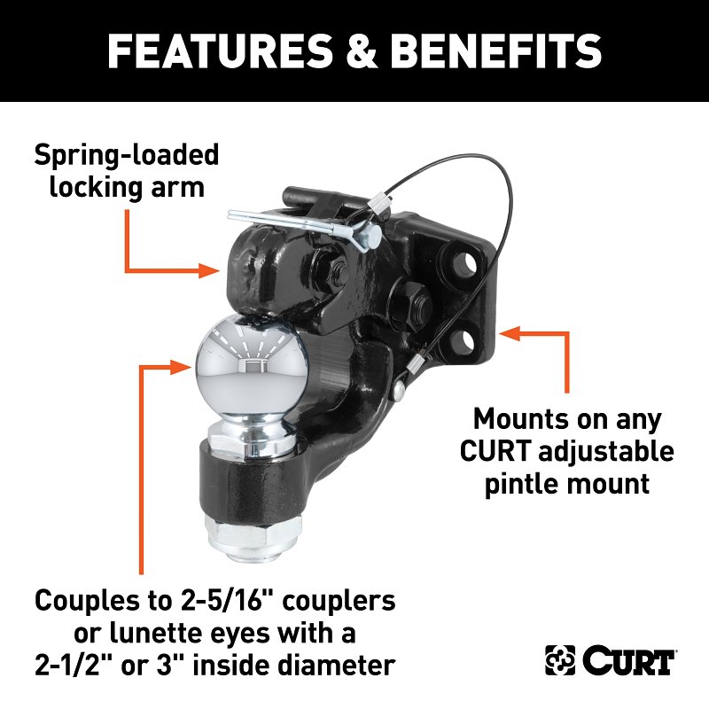 Curt 48200 Ball and Pintle Combination, 2-5/16 in Dia Eye, 16,000 lb Working Load, Steel, Powder-Coated