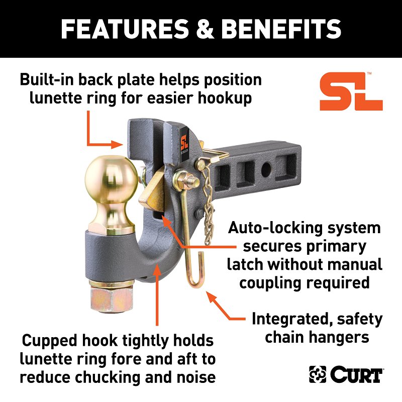 Curt 48406 SecureLatch Receiver Mount Ball and Pintle Hitch, 2-5/16 in Dia Hitch Ball, Carbon Steel